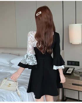 Korea Kevadel Elegantne Mini Pool Kleit 2021 Mood Naiste Vabaaja Vöö Pits Põletatud Varrukad Pleisse Vintage Kleit Naine