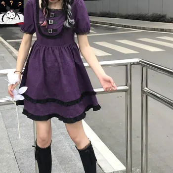 Jaapani Harajuku Gooti Lolita Kleit Suvel Tüdrukute Seksikas Pidu Lilla Ruuduline Nupud Square Krael Pits Ruffles Naiste Mini Kleidid