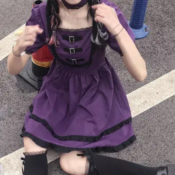 Jaapani Harajuku Gooti Lolita Kleit Suvel Tüdrukute Seksikas Pidu Lilla Ruuduline Nupud Square Krael Pits Ruffles Naiste Mini Kleidid