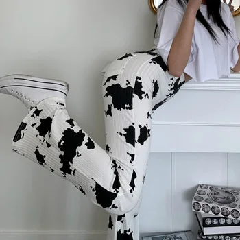 Naiste Uus Must Valge Lehm Prindi Vabaaja Kõrge Vöökoht Sirge Temperament Slim Püksid Naistele