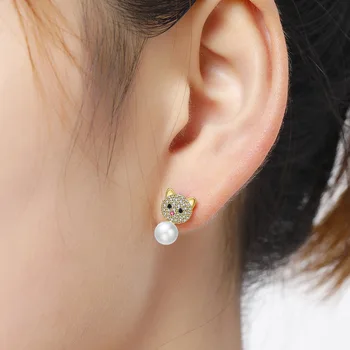 Trendikas Kuld Värvi Armas Kass Kõrvarõngad Naistele Tüdrukud Luksus AAA Tsirkoon Pearl Earings Mood Loomade Ehted Pendientes