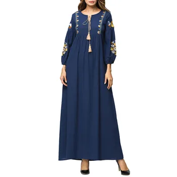 WEPBEL Puuvillane Linane Naiste Kleit Tikitud Lill Moslemi Abaya Pikkade varrukatega Kleit Kõrge Vöökoht Pahkluu Pikkus