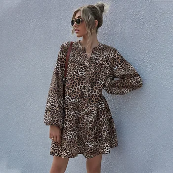 Sügis-Talv Leopard Printida Kleit Naiste 2021 Uus Ruffles Kõrge Vöökoht Täis Varruka Joonega Kleit Naiste Vabaaja