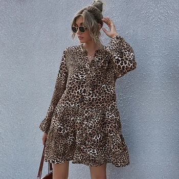 Sügis-Talv Leopard Printida Kleit Naiste 2021 Uus Ruffles Kõrge Vöökoht Täis Varruka Joonega Kleit Naiste Vabaaja