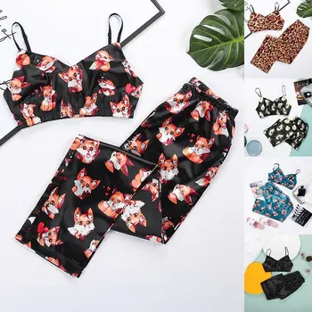 2021 Uus Mood Fox Pidžaama Prindi Suvel Kahe-Osaline Komplekt, Top Ja Püksid Sleepwear Satiin Naiste V-Kaeluse Seksikas Nightwear Muster