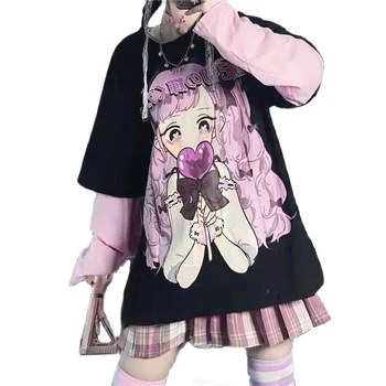Harajuku Kawaii Cartoon Prindi Tshirt Gooti Streetwear Suvel Naiste Pluss-Suurus Top Pullover Preppy Magus Riided Y2K Tees Tüdrukud