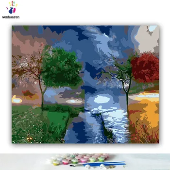 DIY Värvimine värvi numbrite Neli aastaaega puu jõe Kokkuvõte joonis maalid numbrid komplektid 40x50 raamitud