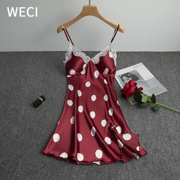 WECI Naiste Silk Nightgowns Tüdruk Seksikas Polka Dot Tõsta Öö Kleit Rindkere Tugi Suvel Sleepwear korea Satiin Nightie Daamid