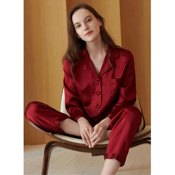 Tõeline Silk Pajama Set Magada Lounge Pidžaamad Loodusliku Nahahoolduse Naiste 22 Momme Mulberry Silk Pikad Varrukad Sleepwear Tasuta Shipping
