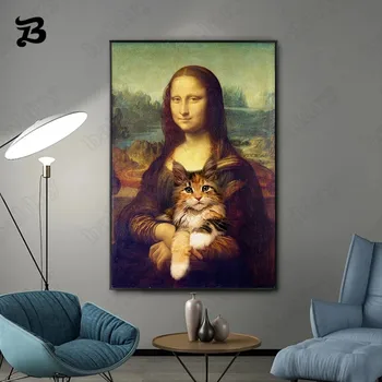 Naljakas Lõuendile Maali Mona Lisa Kellel on Kass Seina Art Plakatid ja Pildid Kuulus Pildid Seinale Plakateid elutuba Decor