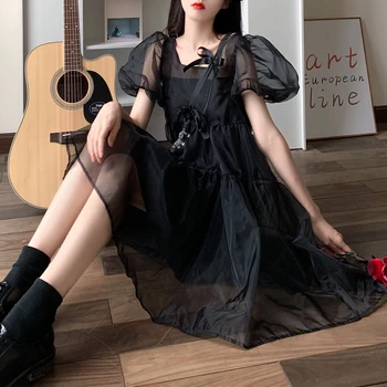 Puhvis Varrukad Gooti Must Kleit Naiste Vabaaja 2021 Suve Õhtu Pool Lolita Kleidid Naine Kawaii Ühes Tükis Kleit Korea Y2k
