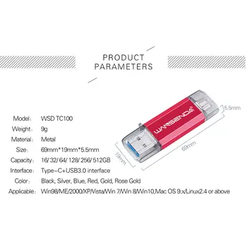 Uus WANSENDA C-Tüüpi USB Flash Drive OTG Pen Drive 512 GB 256GB 128GB 64GB 32GB Pendrive 2 in 1 Liik-C & Usb Stick 3.0 Flash Drive