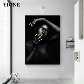 Luksus Naine Plakatid Kohandatud Must Kuld Vogue Aafrika Kunsti Naiste Lõuendile Maali Kaasaegne Joonis Pilt Seina Prindib Kodu Kaunistamiseks