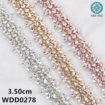 (10 MEETRIT)Hulgi hõbe pruudi beaded crystal rhinestone applique sisekujundus pulm kleit tiiva vöö WDD0278