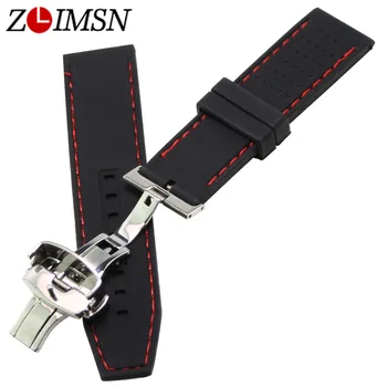 ZLIMSN 22mm Silikoon Watchbands Kasutuselevõtu Liblikas Lukk Must Valge Punane Õmmeldud Veekindel Kummist Rihm Relojes Hombre 2017