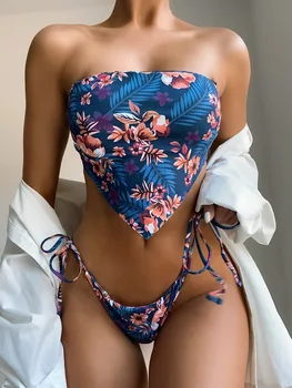 2021 Uued Bikiinid Kõrge Vöökoht Olkaimeton Sexy Bikini Naiste Ujumisriided Naiste Ujumistrikoo Polsterdatud trikoo Printida ja Puhas Värv