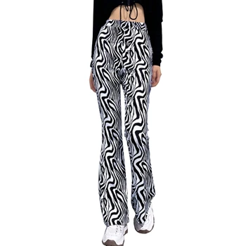 Naiste Kõrge Vöökoht Põletatud Püksid Vintage Sebra Triibuline Loom Muster Lai Bell Bottom Püksid Harajuku Slim Fit Streetwear