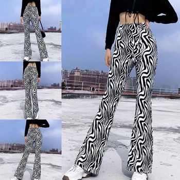 Naiste Kõrge Vöökoht Põletatud Püksid Vintage Sebra Triibuline Loom Muster Lai Bell Bottom Püksid Harajuku Slim Fit Streetwear