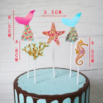 Ocean Teema Cake Toppers Set Merineitsi Saba Glitter Cupcake Torukübar Baby Shower Poisid Tüdrukud Sünnipäeva Asjade 5tk/Set