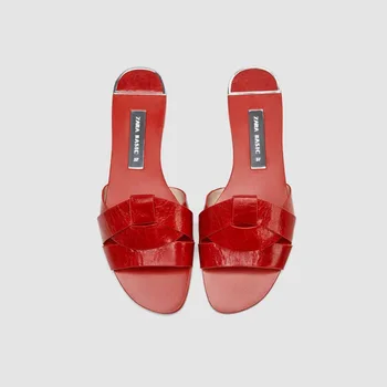 ZA sandaalid naiste korter põhja 2020. aasta suvel uue nahast risti teenetemärgi korter kontsaga naiste sandaalid vein punane laisk sussid naistele