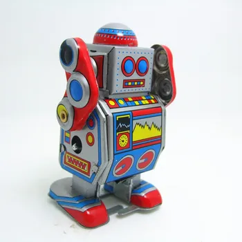 [Naljakas] Klassikaline kollektsioon Retro Kellavärk likvideerida Metallist Jalgsi Tina Bänd DJ meetme robot meenutada Mehaaniliste mänguasjade lapsed kingitus
