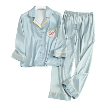 Naiste Pijama Set Riided Cartoon Paari Pidžaamasid Naiste Kevad Silk Pika Varrukaga Top Pikad Püksid Sleepwear Varustus