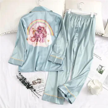Naiste Pijama Set Riided Cartoon Paari Pidžaamasid Naiste Kevad Silk Pika Varrukaga Top Pikad Püksid Sleepwear Varustus