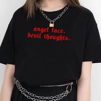 Naiste T-Särk Ingli Nägu Kurat Mõtted Trükitud Graafiline Tumblr Riided Harajuku Punk Gooti Grunge Moes Must Tshirt Femme