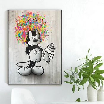 Disney Cartoon Miki Hiir Graffiti Art Must ja Valge Lõuend Maali Poster ja Pildid Seina Art Pilte elutuba