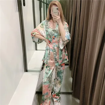 Za 2021 Suvel Segast Prindi Kimono Pluus Naiste Elegantne Pikk Varrukas Vöö Lühike Kimono Mood Küljel Tuulutusavad Vintage Naine Top