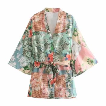 Za 2021 Suvel Segast Prindi Kimono Pluus Naiste Elegantne Pikk Varrukas Vöö Lühike Kimono Mood Küljel Tuulutusavad Vintage Naine Top
