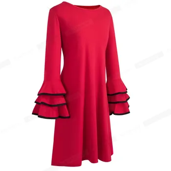 Kena-ikka Sügis Naiste Vintage Särav Punane Värv Põletatud Varrukas Kleidid Vabaaja Shift Lahti Kleit T020