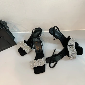 Mood Naiste Sandaalid Avatud Varvas Rhinestone Disain Tagasi Rihm Õhuke Kõrge Kontsaga Mustad Sandaalid Slingback Gladiaator Pool Sandaalid