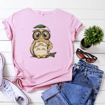 Armas Owl Print T-Särk Naiste Tshirt Pluss Suurus S-5XL Puuvillane T-Särk O Kaela Lühikesed Varrukad Tees Kawaii Naiste Särgid Roosa Tops