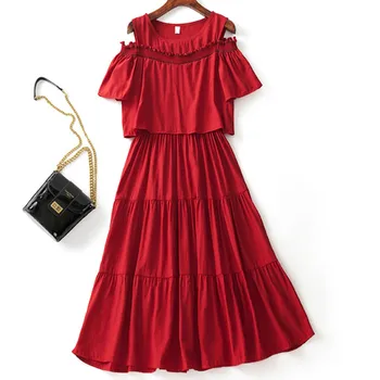 Summer Red Crinkle Tiered Off the shoudler Short-Sleeve Slim Casual Beach Dress 2021