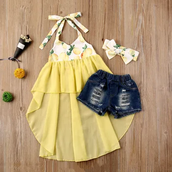 Pudcoco Väikelapse Beebi Tüdruku Riided Suve Kaela Riputamiseks Asümmeetriline Hem Lemon Print Silma Kleit Denim lühikesed Püksid Peapael 3tk Varustus