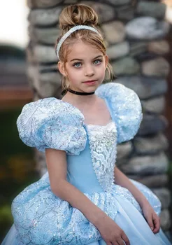 Disney Tuhkatriinu Printsess Tüdrukud Dress Lapsed Kleidid Tüdrukute jõulupidu Kleit Suvel Puhvis Varrukad Tikandid Lill Kleit