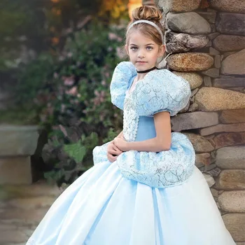 Disney Tuhkatriinu Printsess Tüdrukud Dress Lapsed Kleidid Tüdrukute jõulupidu Kleit Suvel Puhvis Varrukad Tikandid Lill Kleit