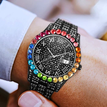 Reloj hombre MISSFOX Luksus Brändi Mees Watch Black Rainbow Diamond Dial Kvarts Läbi Jää Kellad, Originaal Kingitus Inimesele, 2021