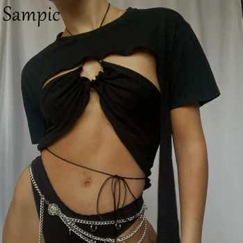 Sampic O Kaela Naiste Sexy Lühike Varrukas Kaks Tööd Kärbitud T-Särk Tops Set 2021 Suve Must Basic Fashion Pits Mini Tees