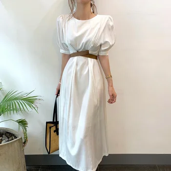 Korea Stiilne Slim Elegantne Kleidid, Millel Vooder Naiste Lühikesed Varrukad O-Kaeluse Risti Lace Up Vöö Piha Ümber Puuvillane Pikk Kleit Naine Vestidos