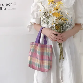 Korea Ruuduline Lõuend Õla Kott Suure Mahutavusega Naiste Vabaaja Väike Käsi Kotti Naiste Kandekotid Vikerkaar Võre Käekott 2020