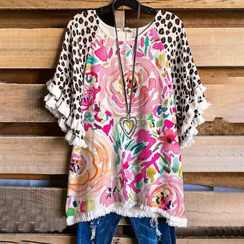 Oversized Women’s T-shirt Summer Casual Tops Fringed Floral Sunflower Print Plus Size Short-sleeved Ladies Shirt Tops футболка