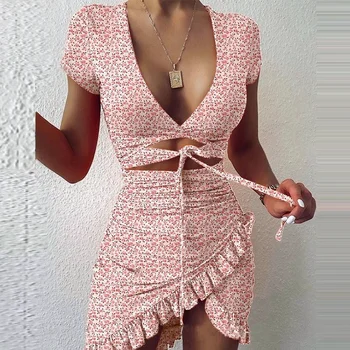 Suvel 2021 Puhkus kleit Ruffles Ruched Naiste Kleit Lühikeste Varrukate Krüptograafiline Õie Printida Moe nöörima Wrap Mini Kleit