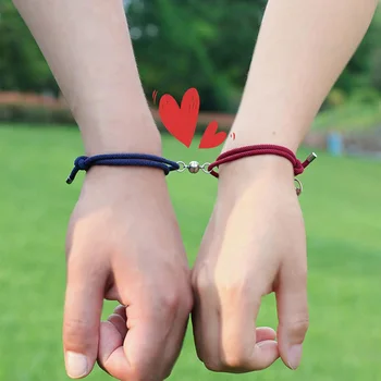 2Pcs/set Lihtne Paarid Käevõru Reguleeritav Punane Must Nööri Kudumine Magnet Meelitada Sõber Käevõru Fashion Ehted Lovers