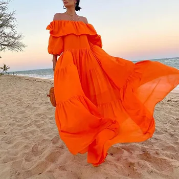 Beach Kleit Naine Suvel Maha Õla Oranž 2021 Puhkus Kiik Seksikas Ruffle Pluss Suurus Vabaaja Puhkus Pool Sundress Pikad Kleidid
