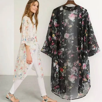 Naiste Vabaaja Vintage Kimono Jakk Daamid 2020. Aasta Suvel Pikk Tee Sifonki Kimono Preto Lahti Flora Trükitud Pluus Tops Must