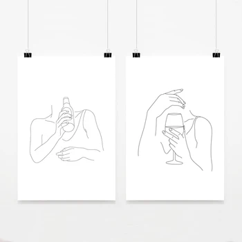Abstraktne Naine Käed Veini Joon Prindib Veini Armastaja Kingitus , Tüdruk Juua Õlut Joon Joonis Lõuendil Maali Nordic Plakat, Baar Decor