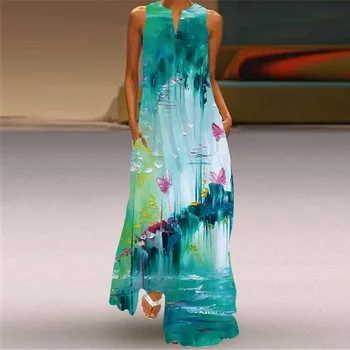 2021 Uus Suvine Naiste Varrukateta Pikk Seelik V Krae Prindi Emerald Kleit Euroopa Naiste Kanda