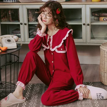Printsess Tuul Punane Pidžaama Naine Pidžaamad Seatud Pikk Varrukas Sleepwear Pijama Pidžaama Ülikond Naiste Magada Kahe-osaline Komplekt, Siserõivad 3XL
